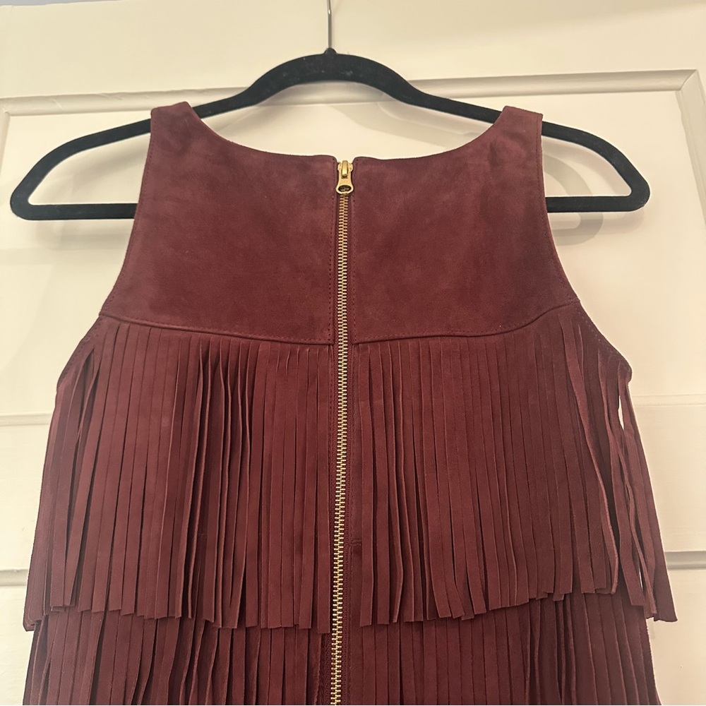 Olivia Palermo+Chelsea 28 Fringe Suede Leather Mini Dress XS Burgundy/Wine EUC - Picture 8 of 13